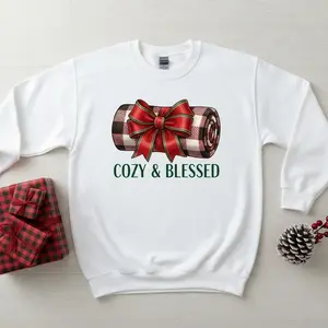 Cozy & Blessed Buffalo Plaid Blanket Sweatshirt for Men & Women, Rolled Gift Christmas Pullover, Warm Winter Comfort Crewneck, Festive Red Bow Holiday Apparel | Sweatshirt | Cotton | Novelty | Unisex | Graphic | Gift for Him/Her