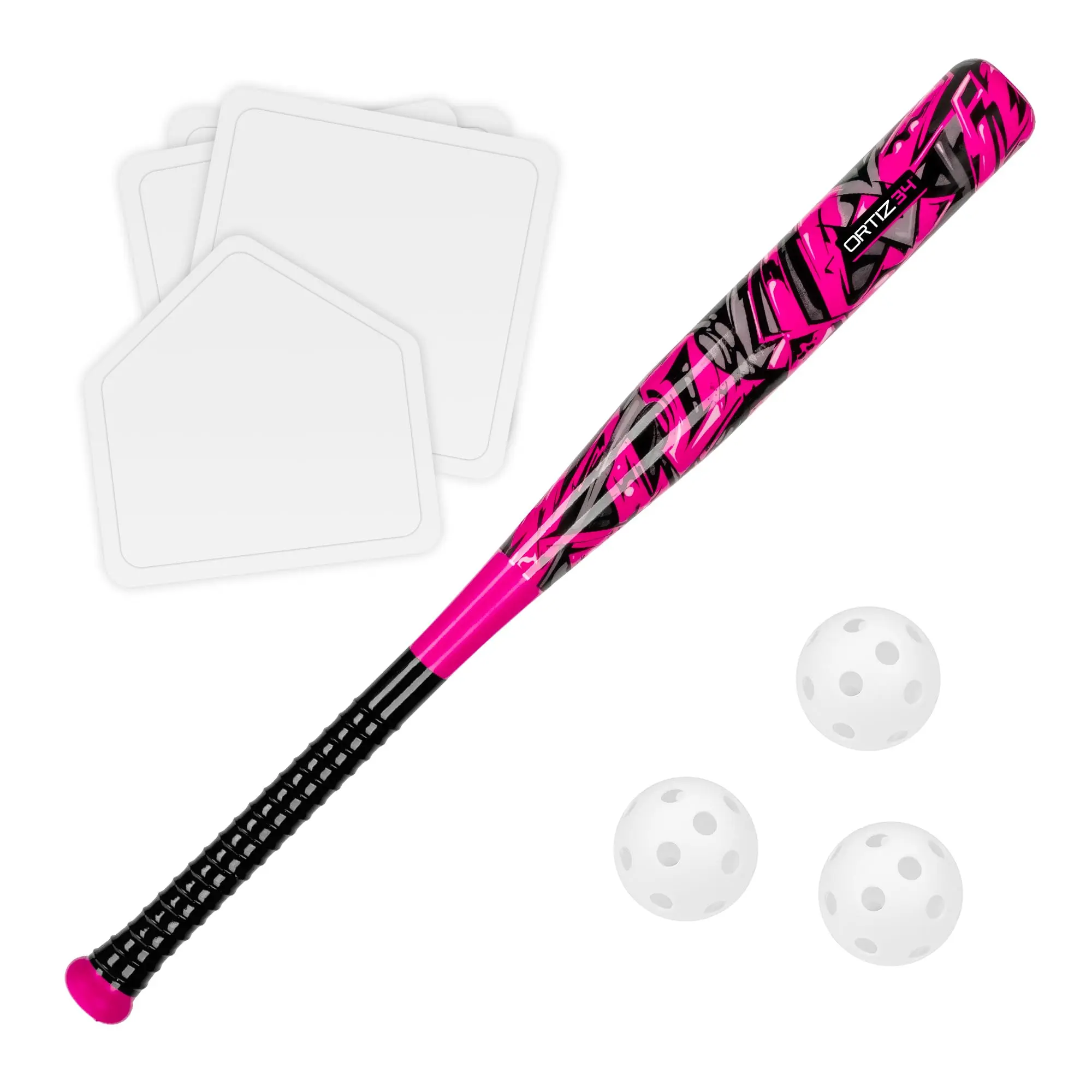 Ortiz34 Grand Slam Youth Lightweight 1-Size Graffiti Plastic Baseball Bat Set - 3 Balls, 4 Throw Down Bases, Slider Throw Batting Practice Equipment