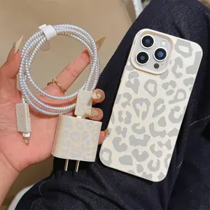 6 Piece Set Leopard Print Phone Case, Charger Head Cover, Cable Protector, Storage Rope, Data Line Protection, Fits iPhone Models