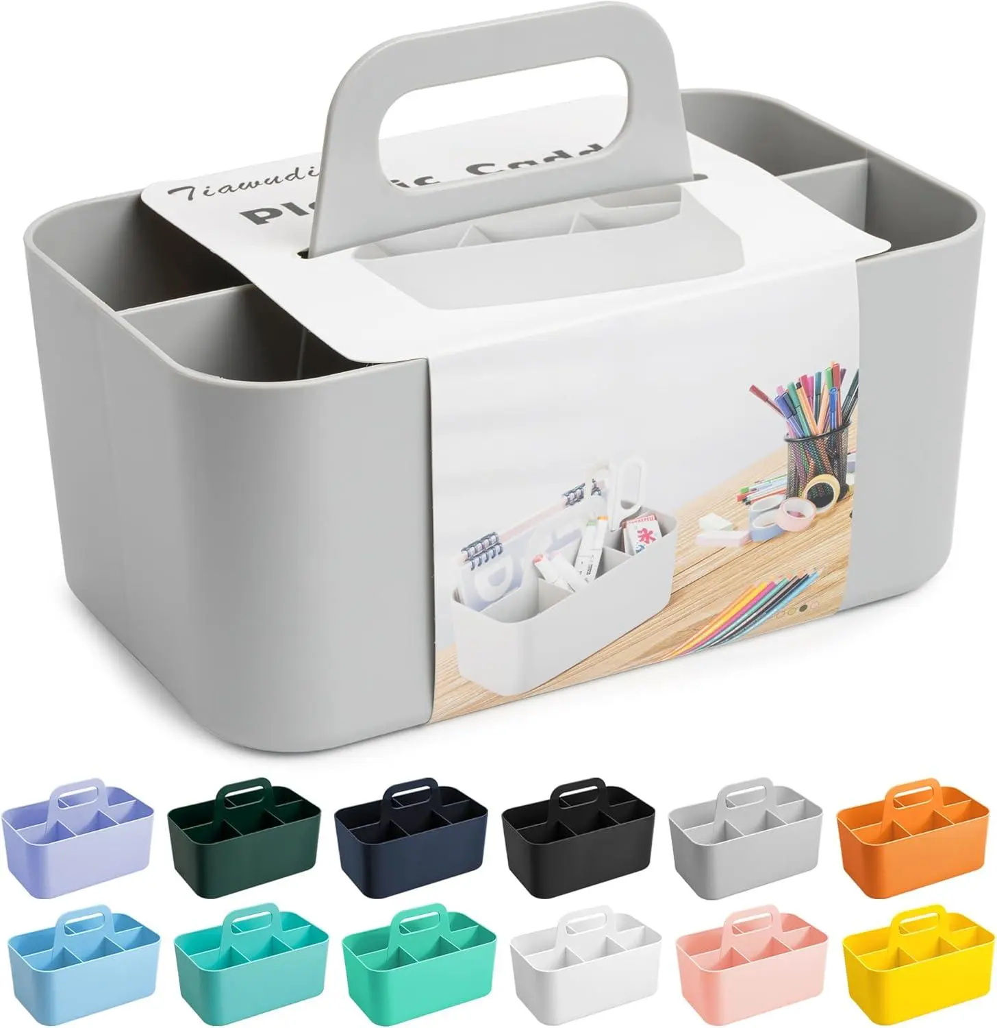 Multipurpose Caddy Organizer, Plastic Caddy with Handle, Stackable Desk Organizer for Stationery, Marker and Pencil, Office Supplies Organizer, Dorm Caddy Tiawudi