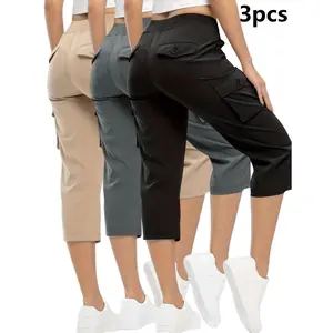 3pcs Women'S Fashionable Cargo Capri Pants for Summer, with Elastic Waistband And Pockets - Casual Sports Capri Pants, Breathable Blend