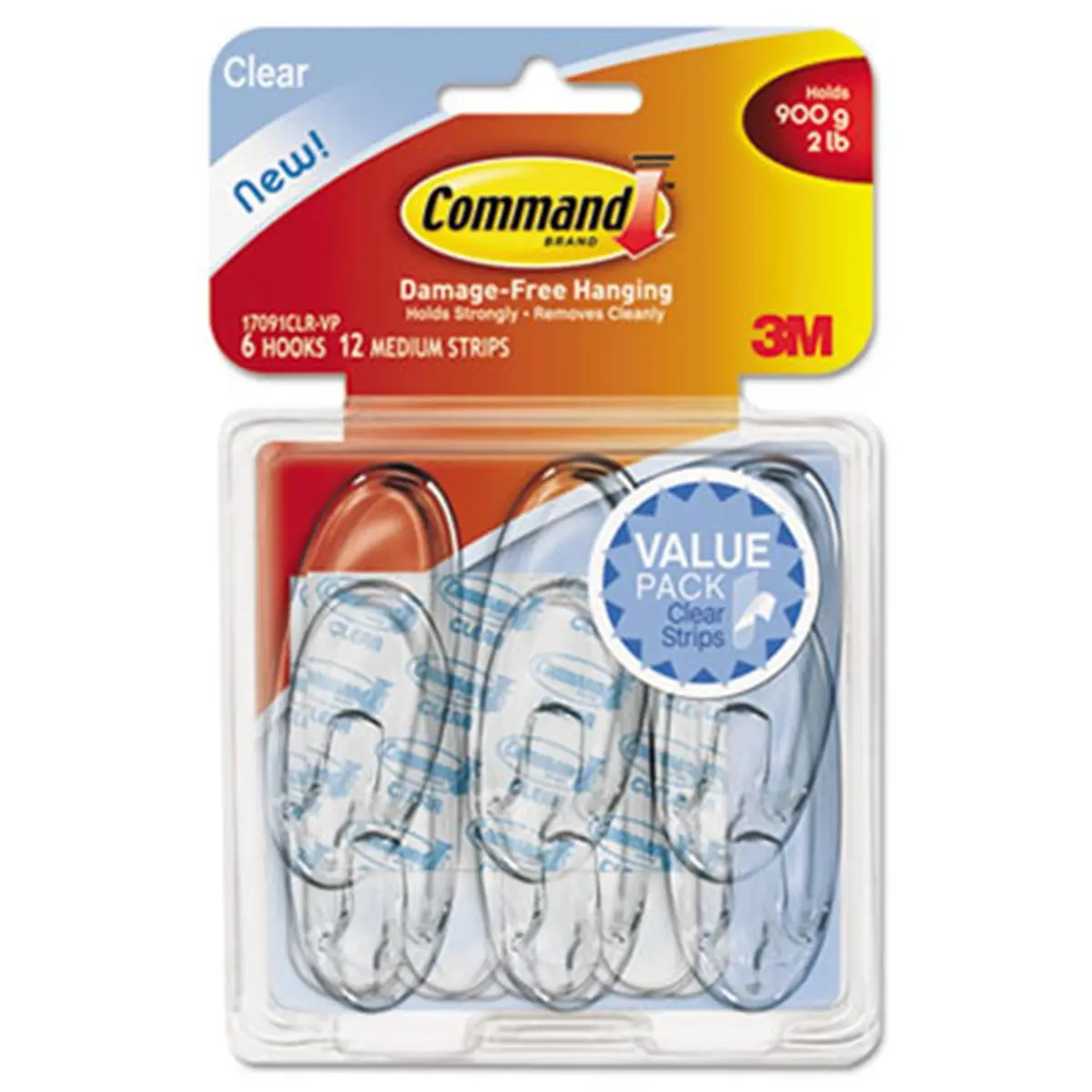 212 MAIN Medium-Size Plastic Wall Mountable Hooks & Adhesive Strips, 6 Hooks with 12 Strips per Pack, Damage-Free Organizer Storage for Home Use