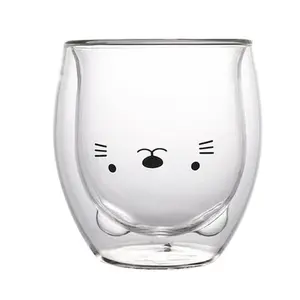 280ML Double Glass Animal-Themed Mug – Cute Bear, Cat, Dog Design Does not apply Coffee Cup