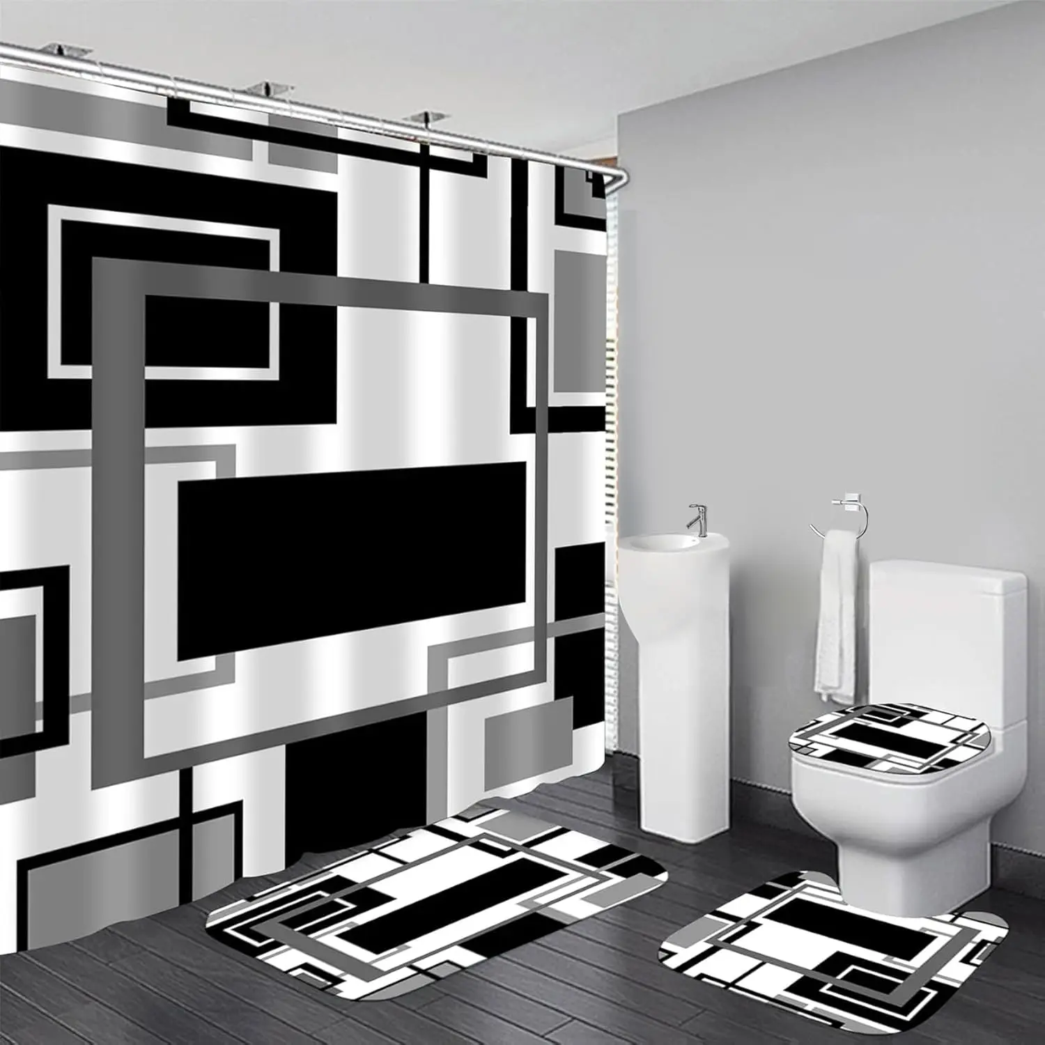 4 Pcs Black Geometric Shower Curtain Sets with Rugs Black Bathroom Sets with Shower Curtain and Rugs Modern Bathroom Curtains Shower Set with Toilet Lid Cover for Bathroom Decor Accessories