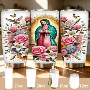 Religious Iconography Floral Design Praying Figure Tumbler, 12/18/20oz Multi-Size Stainless Steel Insulated Cup, Our Lady of Guadalupe with Roses & Lilies Art Travel Mug, Keeps Cold/Hot for Hours, Ideal Daily Use & Spiritual Gift