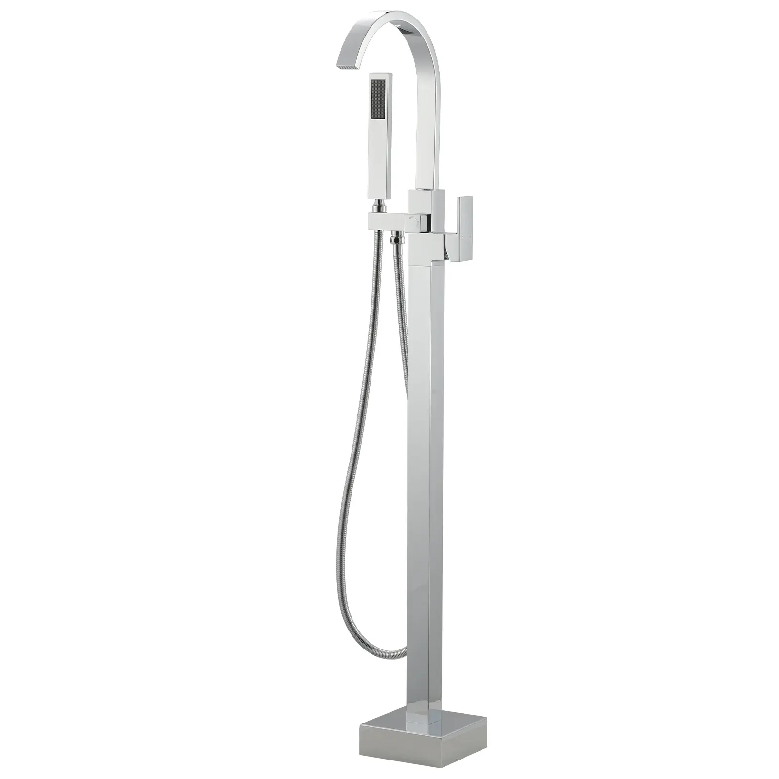 WOWOW Glam Classic Solid Brass Freestanding Floor-Mount Bathtub Faucet - 1-Handle Metal Tub Filler with 2-Modes Handheld Shower for Bathing, Copper Water Diverter, Hardware Kit, Ergonomic Stable Base, Chrome Finish (Ideal for Home Use)
