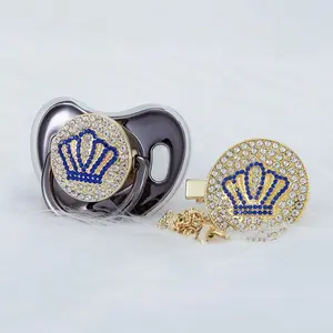 Royal Prince Bling Pacifier Set – Gold & Blue Crown Design | Luxury Baby Keepsake, Newborn Gift, Baby Shower Essential chupetes