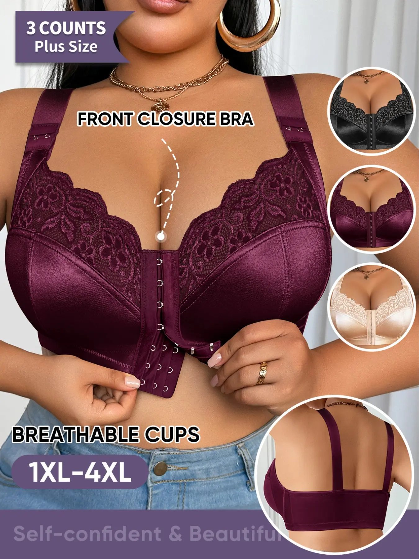 Morelect 3-Piece Lingerie Set, Underwear, Casual, Breathable Medium Support Everyday Bra, Wide Straps, Embroidered Design, Sizes 1xl-4xl, All Seasons Comfort