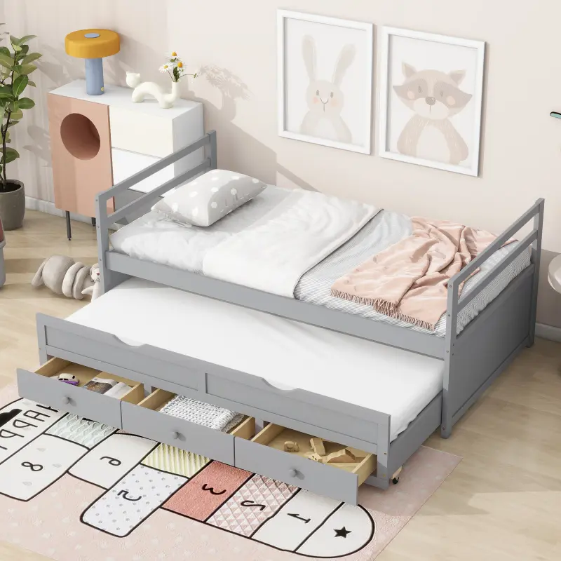 Twin Size Bed with Trundle and 3 Drawers, Twin Daybed Wood frame with Headboard, Footboard, No Box Spring Needed