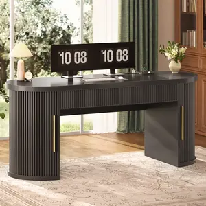 Sedeta Modern Engineered Wood Executive Workstation, 58.3"x21.7" Large Fluted Stable Desk, Dual Sliding Desktop Drawers, 2-Sliding-Door Storage Platform, Power Outlets & Strip for Home Office