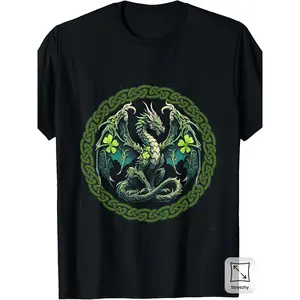 Tribal Irish Green Celtic Knot Fantasy Dragon | Patrick Day T-Shirt, Vintage Style, Crew Neck, Slight Stretch Fabric, Regular Fit, Perfect for Adults