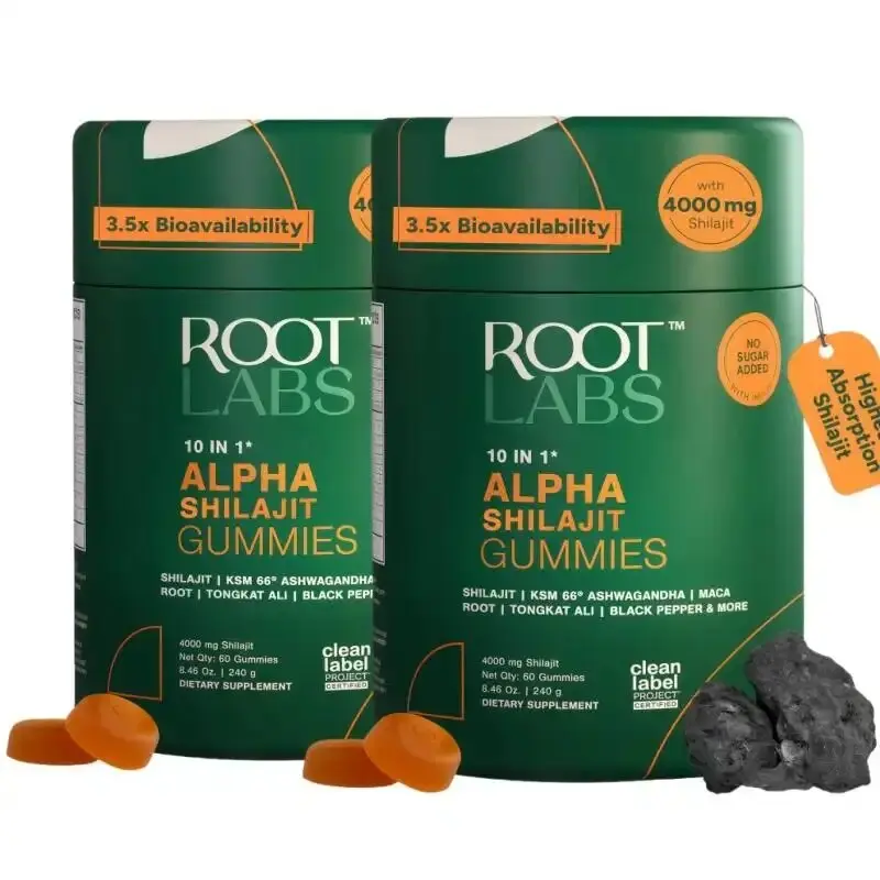 Root Labs Alpha 10-in-1 Shilajit Gummies 4000 mg| Holiday Gift-Ready| Energy, Stamina & Focus| Zero Sugar| KSM-66 Ashwagandha, Tongkat Ali, Maca| Vegan| 60 Count