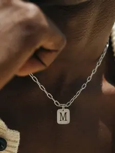 Men's Initial Letter Necklace, Simple Classic Silver Color Stainless Steel Paper Clip Chain, Casual All-Season Jewelry, No Choking Hazard