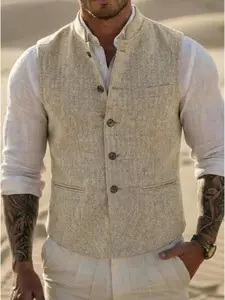 Mens Herringbone Wool Vests Suit Business Tweed High Collar Waistcoats Slim Fit