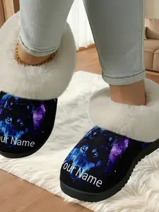 Custom Star Wolf Shadow Cotton Slippers, Wild Style, Fuzzy Lining, Anti-Slip Thick Sole, Home Custom Warm Shoes for Fall Winter