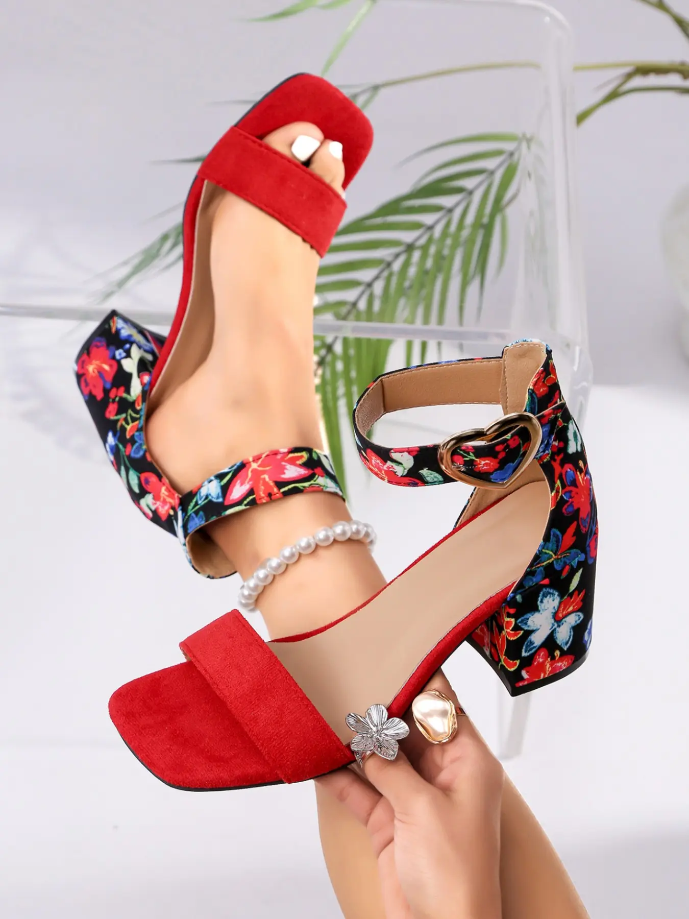 Summer Floral Print Chunky Heel Rubber High End Sandals, Flower Print Sandals, Floral Design Sandals, Chunky Heeled Sandals, Block Strap, Versatile Elegant Women's Shoes, Perfect for Casual Wear