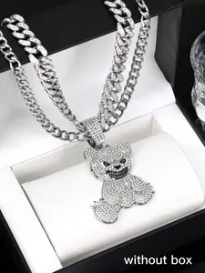 1Set Fashion Bling Rhinestone Demon Bear Pendant Necklace for Women Hip Hop Cartoon Bear Chain Link for Street Men and Women Jewelry Gift