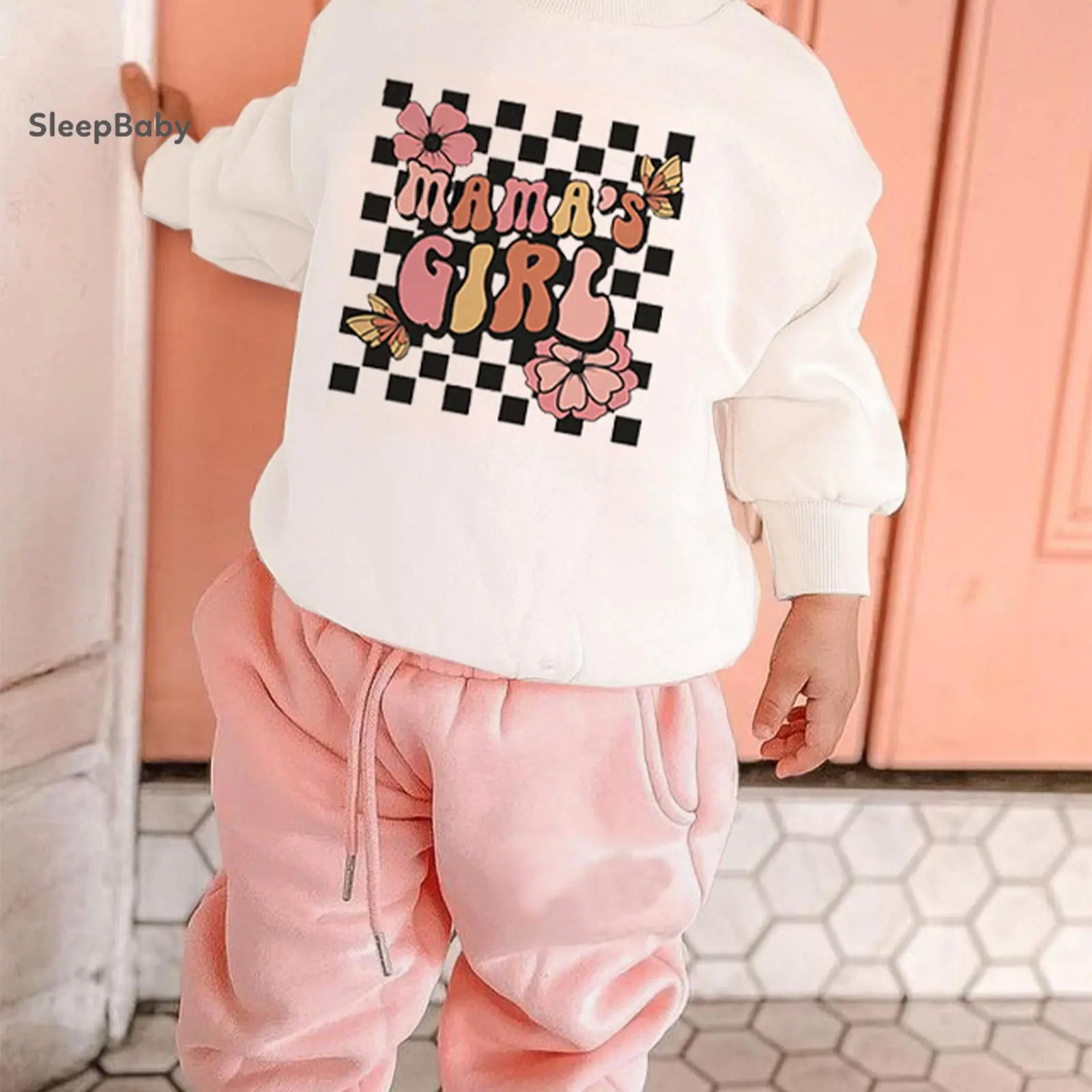 Toddler Girl Children's 2-Piece Cute Clothing Gift Set - Plaid & Letter Print Long Sleeve Sweatshirt, Solid Long Diaper Sweatpants, Casual Wear, Crew Neck