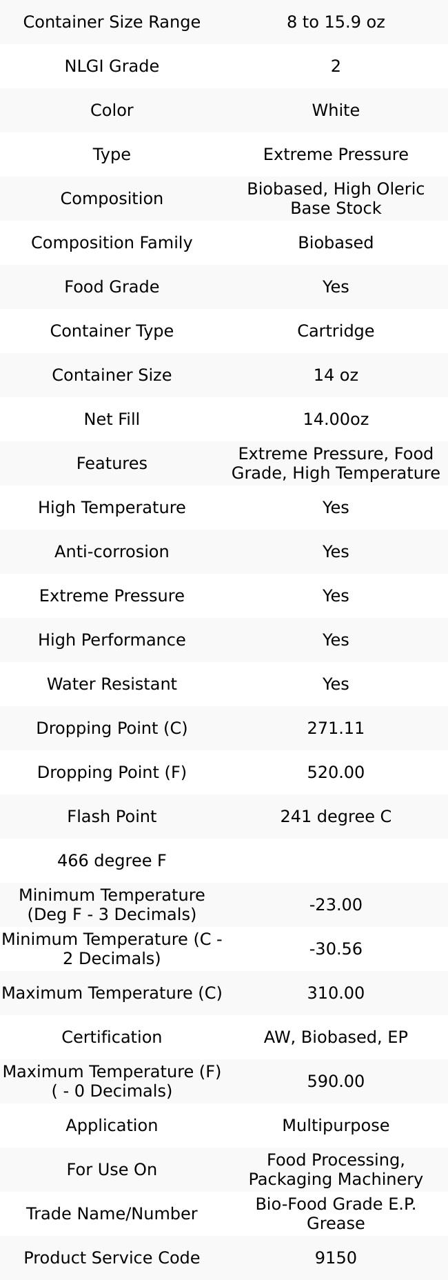 Renewable Lubricants 14 oz Cartridge Biobased Extreme Pressure Grease White, Extreme Pressure, Food Grade & High Temperature, 590°F Max Temp, NLGIG 2, 87501