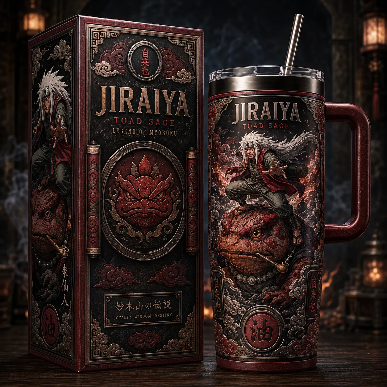 [Kitsune Archive] Jiraiya Naruto Shippuden 40oz Tumbler With Handle & Straw, Jiraiya Anime Cup, Legendary Sannin Graphic Travel Mug, Toad Sage Inspired Insulated Water Tumbler, Hidden Leaf Ninja Fan Gift, Manga Drinkware