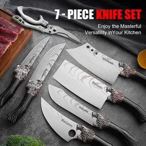 7pcs Handcrafted Professional Chef Knife Set, Stainless Steel Chef Knife, Multi-function Knife, Bone Cleaver, Fish Cutting Knife, Butcher Knife, Extremely Sharp Kitchen Scissors Block Meat