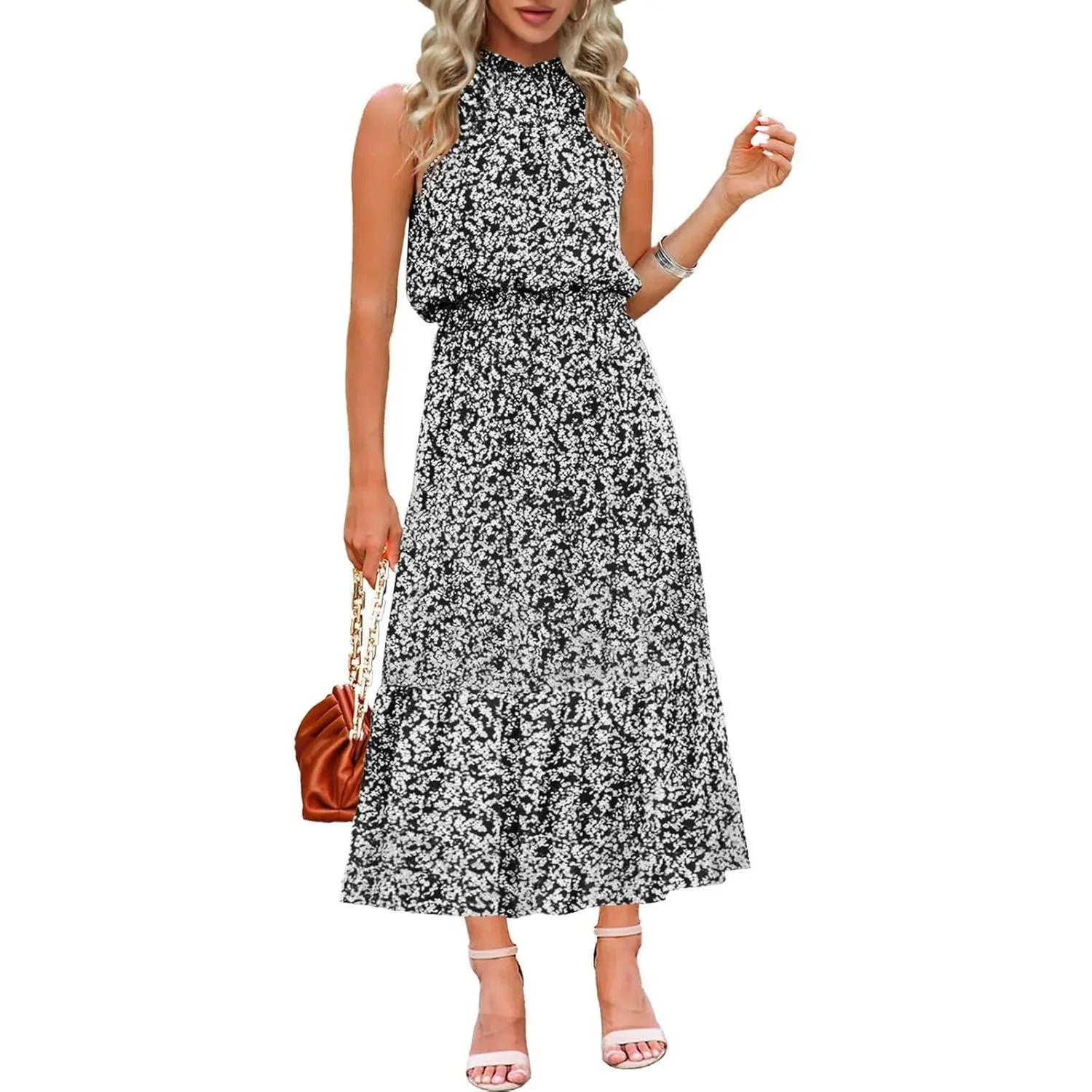 Imily Bela Maxi Summer Dresses for Women Halter Sleeveless Floral Boho Sun Vacation Outfits Long Wedding Guest Dres