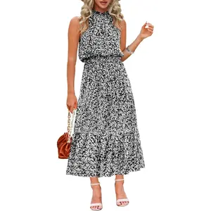 Imily Bela Maxi Summer Dresses for Women Halter Sleeveless Floral Boho Sun Vacation Outfits Long Wedding Guest Dres