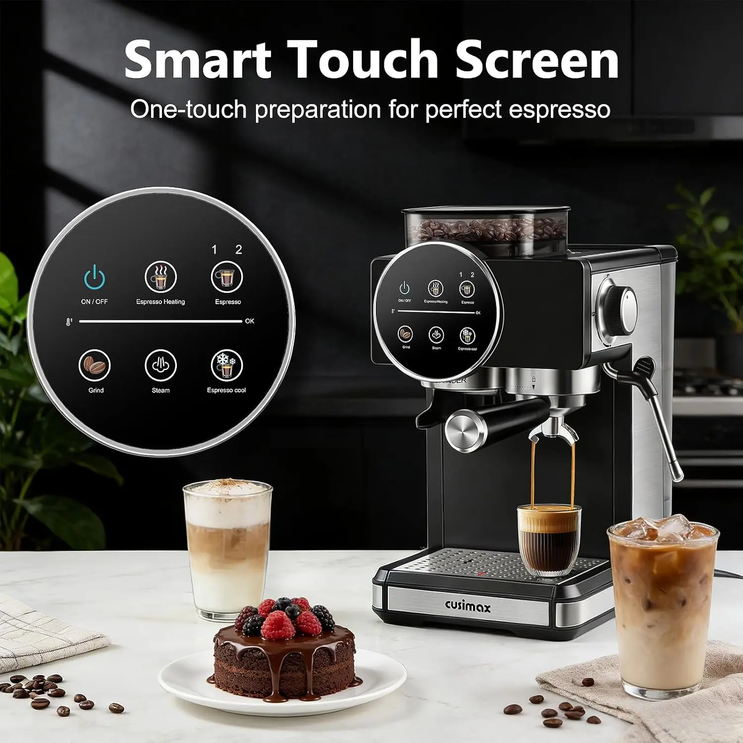 CUSIMAX 20-Bar Semi-Automatic LCD Touchscreen Espresso Machine - Built-in Grinder, Milk Frother Steam Wand, 60oz Tank, 1350W Fast Heat, US Plug, Ground Coffee Compatible, Timer, 12-Cup (12 Cups & Above) At-Home Automatic Espresso Machine for Home Baristas