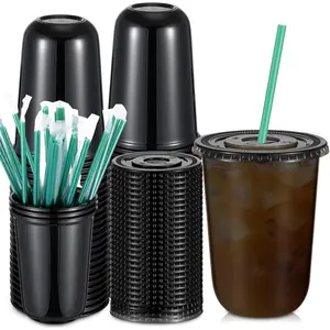 25 Set Plastic Cups with Lids and Straws, Disposable Plastic Iced Coffee Cup for Cold Beverage Juice Smoothie Crystal for Coffee Shops Party Catering(Black,16 oz)