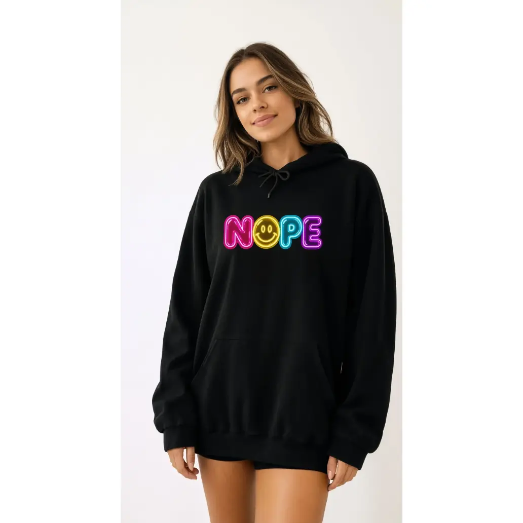 NOPE Retro Neon Hoodie | Millennial Nostalgia Sweatshirt | 90s Smiley Face Hoodie | Y2K Graphic Hoodie