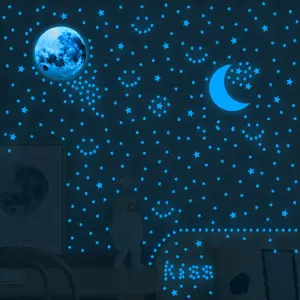 6pcs Blue Night Light Moon Star Wall Stickers Space Theme Decorative Stickers Peel and Paste Detachable Night Light Wall Stickers Living Room, Bedroom, Bathroom Decoration, Home decor, Self Adhesive Detachable PVC Material