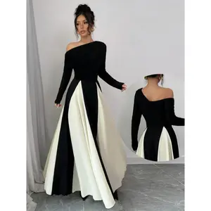 Elegant off-shoulder long-sleeve A-line dress with a color-blocking design (black and white), cinched waist, women’s flowy skirt perfect for autumn and winter, formal event attire | asymmetrical neckline | slim-fit bodice