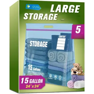 15 Gallon Large Storage Bags, 24" x 24" Zipper Bags with Handle,  XL Zip Top Bags for Clothes Travel Moving, Blue, Pack of 5