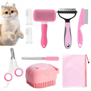 All-in-One Pet Grooming Kit Bath Soap Dispenser Massage Brush,Self-Cleaning Deshedding Brush & Nail Clippers with Soft Bristles for Dogs and Cats - At-Home Shedding Control Grooming Set Pink/Blue 8 or 6pcs