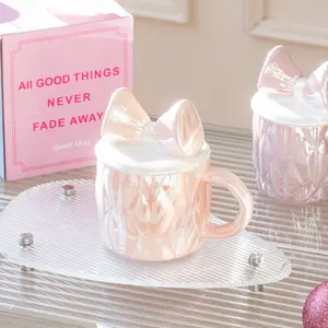 Cute Bow Ceramic Mug with Lid, Pearl Dreamy Rainbow Coffee Cup, Girl Heart Scallop Handle, Elegant Gift Box for Women's Birthday
