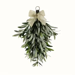Artificial Olive Garland Leaves - Artificial olive garland front door decoration, farmhouse wall tear-drop shaped hanging ornament, suitable for hanging green plant garlands on windows or for wedding decorations, Home Decor Ornament