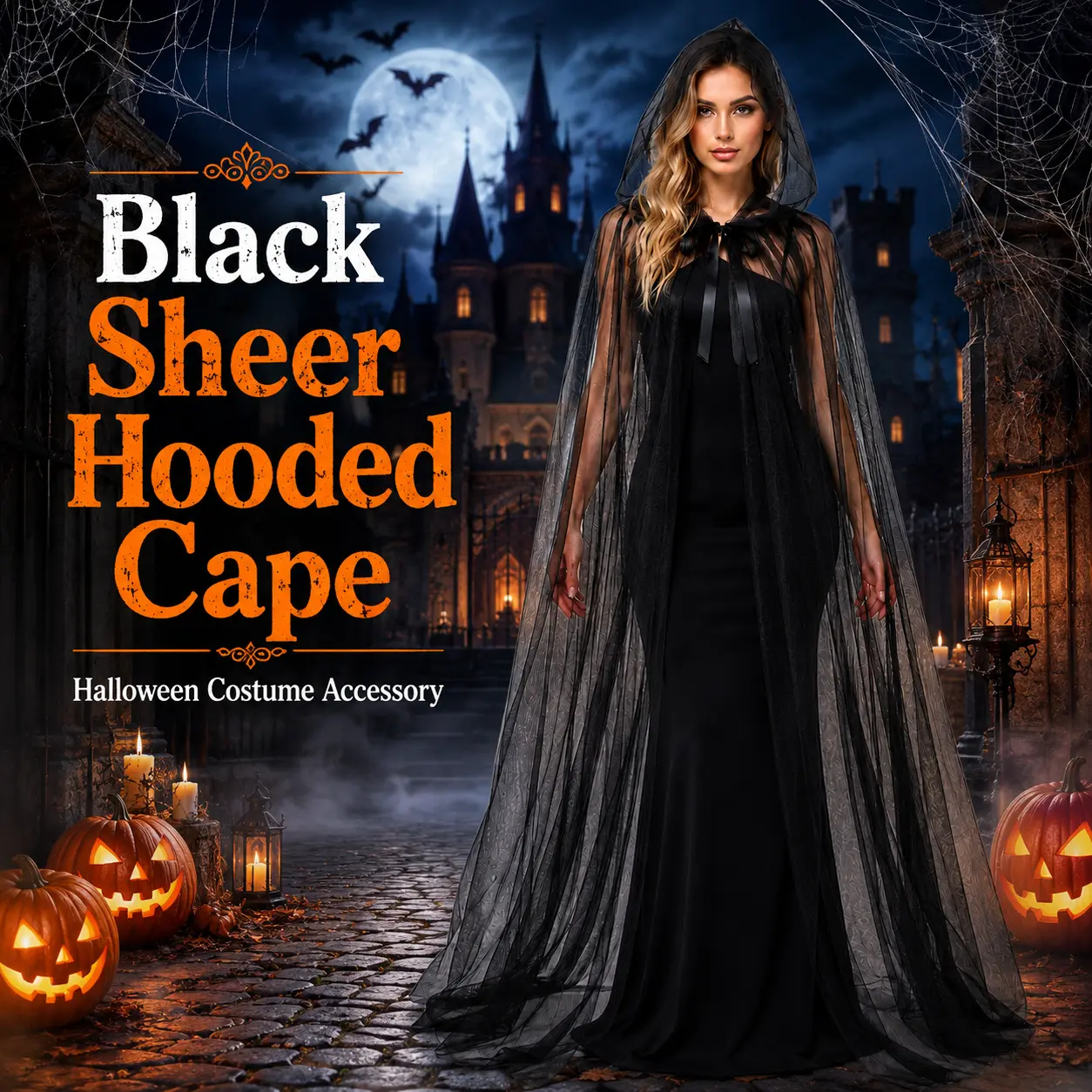 Adult Sheer Cape with Oversized Hood – Full-Length Ghost Cloak for Halloween Cosplay, Vampire & Witch Costume Accessory