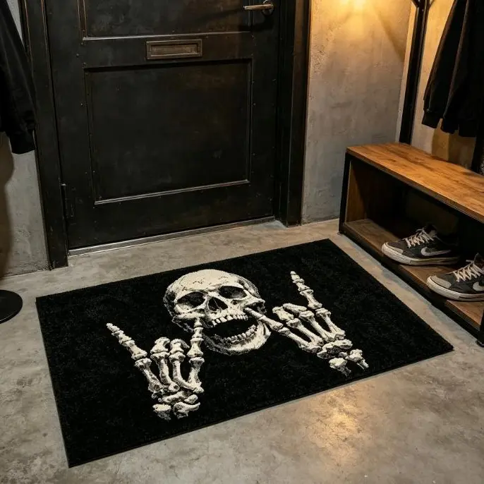Halloween Day  Floor Mat of the Dead Skull Skeleton Rock Pattern Soft Decorative, Non Slip Rubber Backing Rug for Indoor Outdoor Use, Bathroom, Kitchen, Door, Living Room Carpet, Durable and Comfortable, Great Gift Idea for Home or Office
