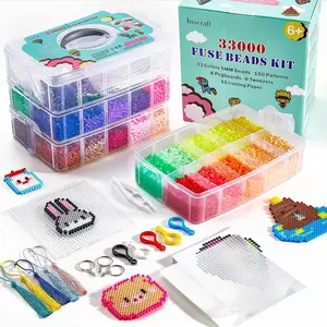 INSCRAFT Fuse Beads, 33000pcs Fuse Beads Kit for Kids, 33 Color 5MM Iron Beads Set with 150 Patterns, 8 Pegboards, 15 Ironing Paper, 6 Tweezers, 85 accessories, Craft Kits Gifts for Mother's Day, Father's Day Birthday Christmas