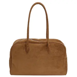 Chic Camel Brown Suede Texture Travel Bag, Minimalist Retro Top-handle Tote Vintage Monogram Hobo Shoulder