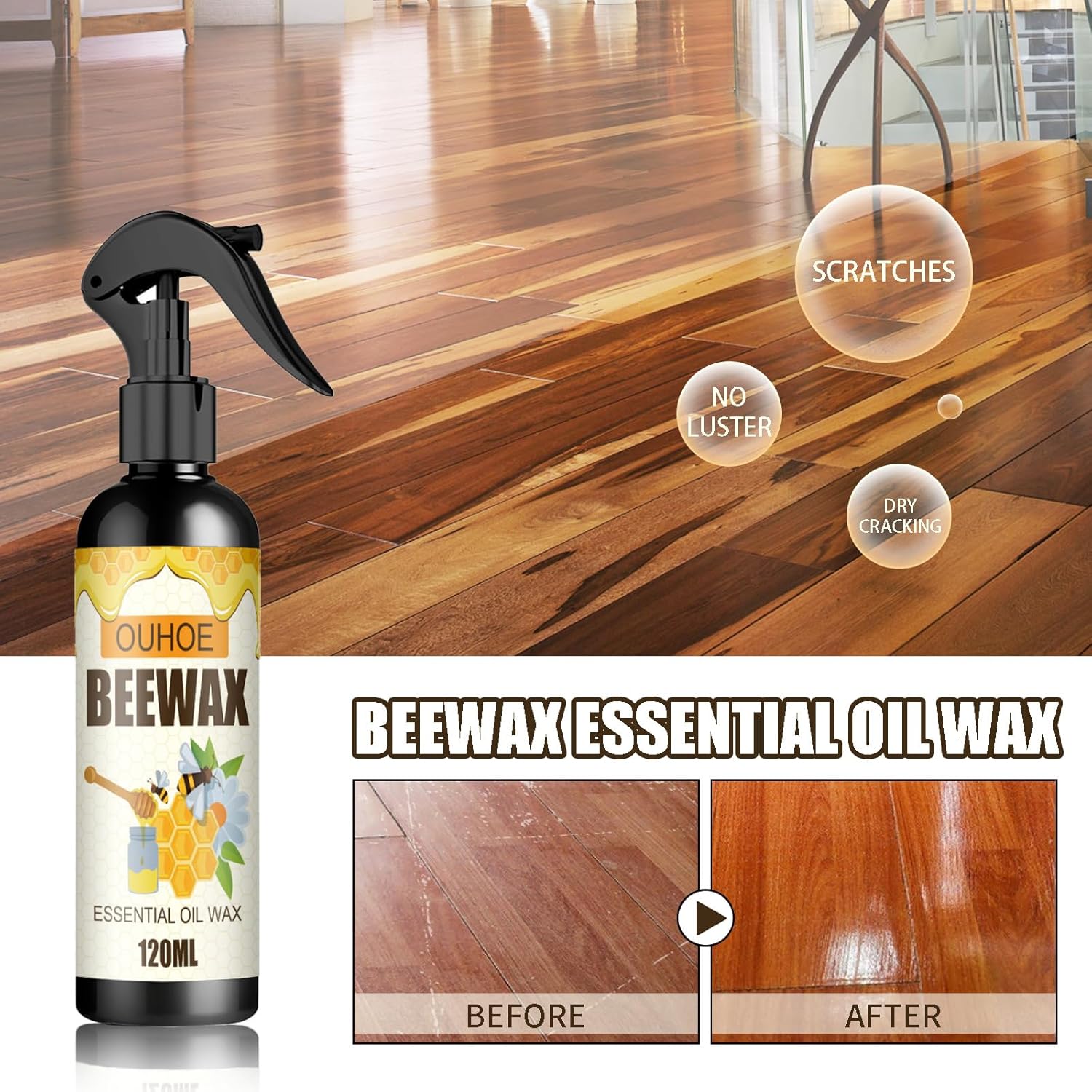 Natural Beeswax Wood Care Polishing Spray 120ml - Furniture repair and polishing agent,suitable for the maintenance of wood such as floors,cabinets,and tables – multi-purpose.