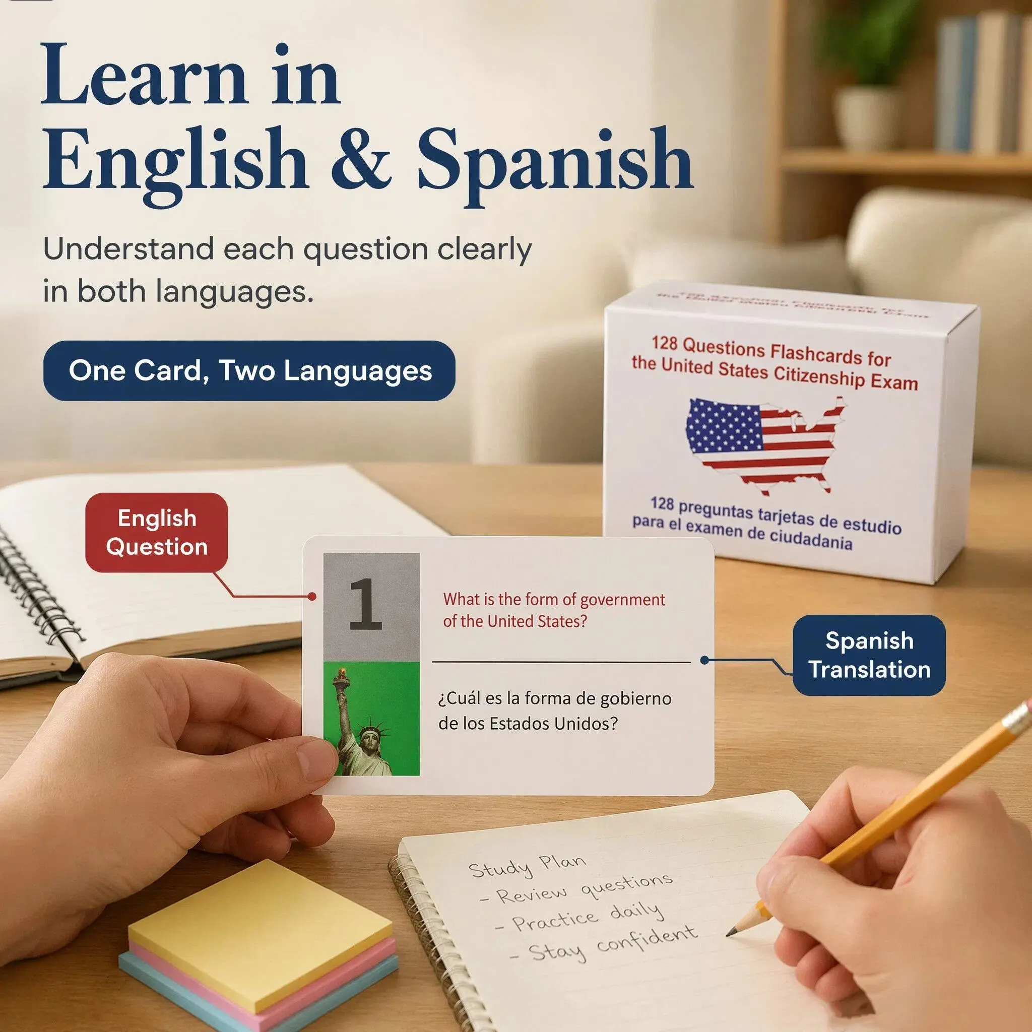 Portable US Citizenship Flash Cards 2026, with 128 Civics Questions and English Literacy Content for Naturalization Test