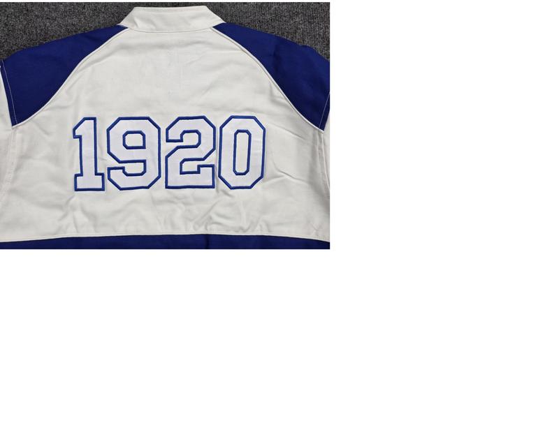Zeta Phi Beta Flame Race Jacket - Women's Royal Blue & White Varsity Bomber with Embroidered Logo & Flame Graphics