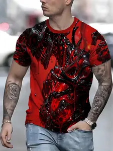 Men’s 3D Venom print T-shirt, red and black pattern short sleeves, crew neck casual top, men’s summer street-style apparel
