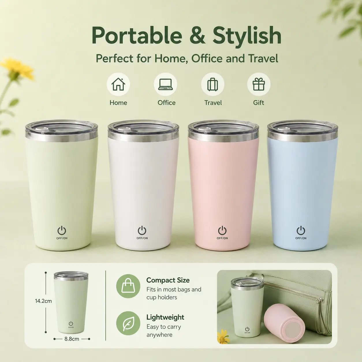 Lightweight Self-Stirring Coffee Cup - Auto Electric Portable Mixing Cup - Stainless Steel Travel Tumbler Washable Kitchen Drinkware, Self-Stirring Coffee Cups