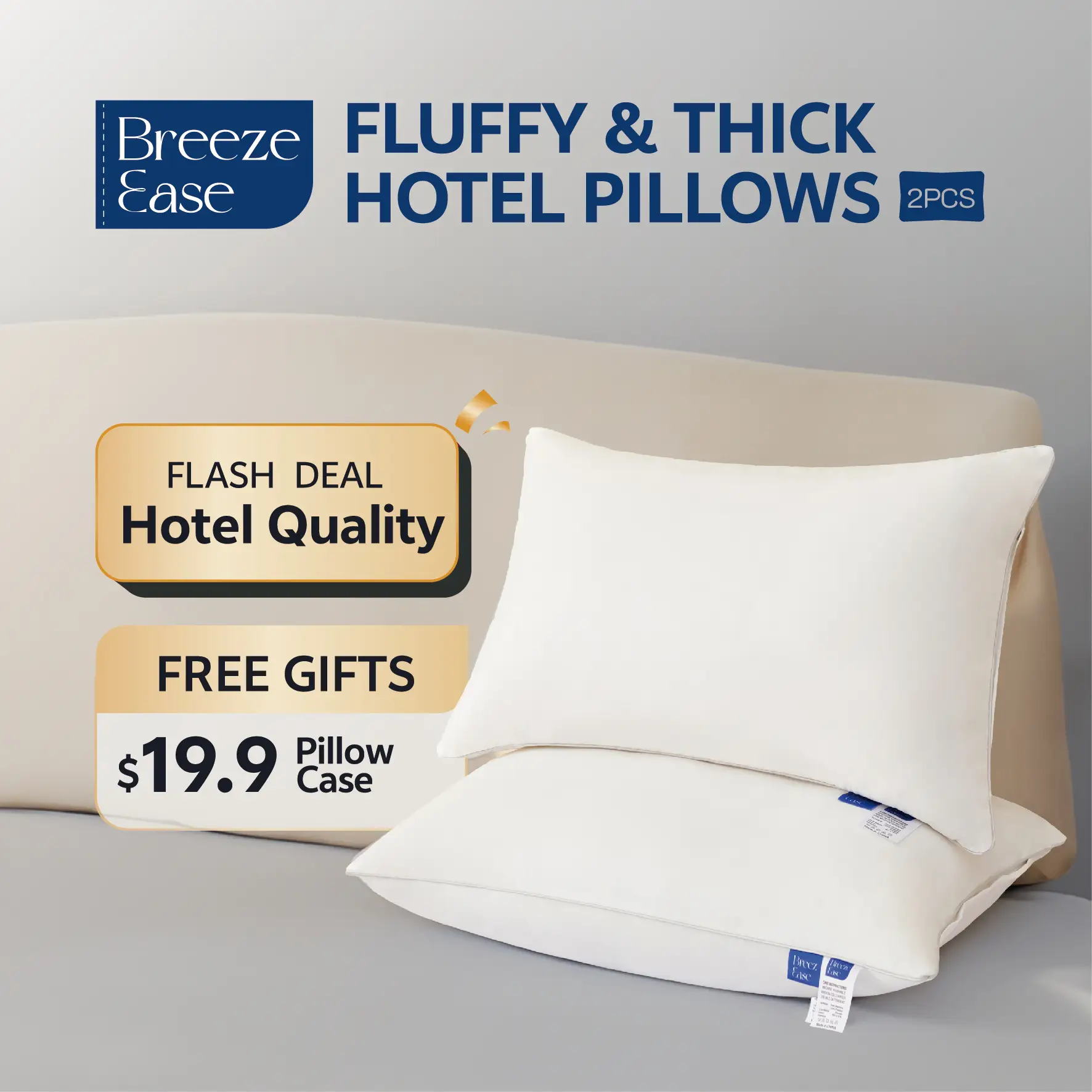 BreezeEase Pack of two/2PC set Queen Size Premium Thick Hotel Pillows, Fluffy Pillows, Machine Washable, Allergy-free, Down Alternative Filling, side