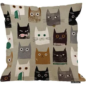 Decorative Pillow Sham Cotton Linen Square Unique Printed Lovely Cat Pattern Throw Pillow Case Cushion Cover 18 X 18 Inches