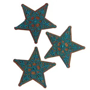 Leather Star Iron On Patches - Turquoise Embroidered Star Appliques for DIY Projects and Clothing Decor