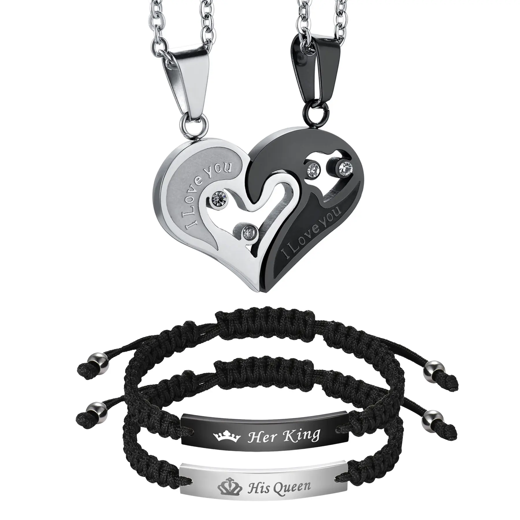 OIDEA Engraved Heart-Shaped Split Heart Couple Necklace Set, Stainless Steel With Rhinestones, 1-Piece Anniversary Jewelry Gift For Couples, Engraved Heart-Shaped Necklaces