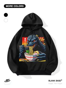 Hilarious Godzilla Ramen Print Hoodie, Loose Fit Casual Sweatshirt, Breathable Outdoor Sportswear, Unisex Trendy Clothing
